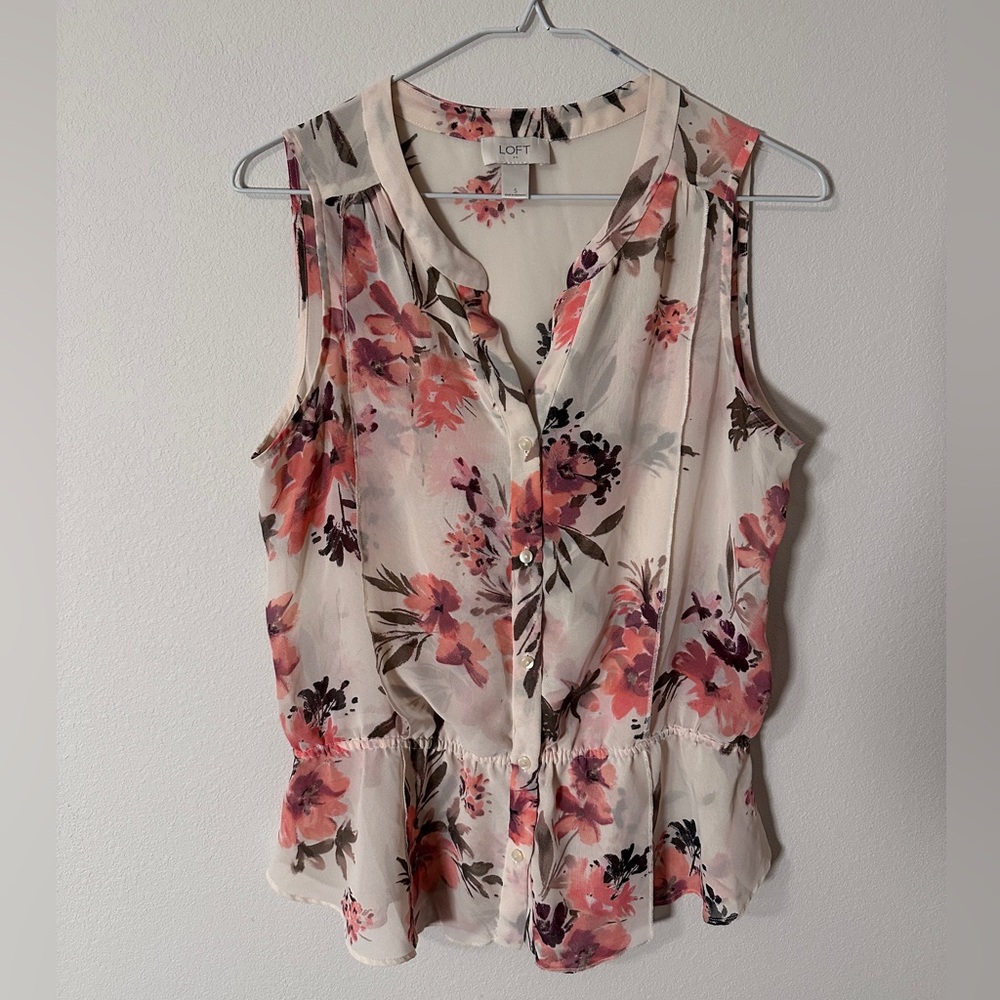 LOFT women’s Floral Button-Down Peplum Blouse - Pink and Cream size small